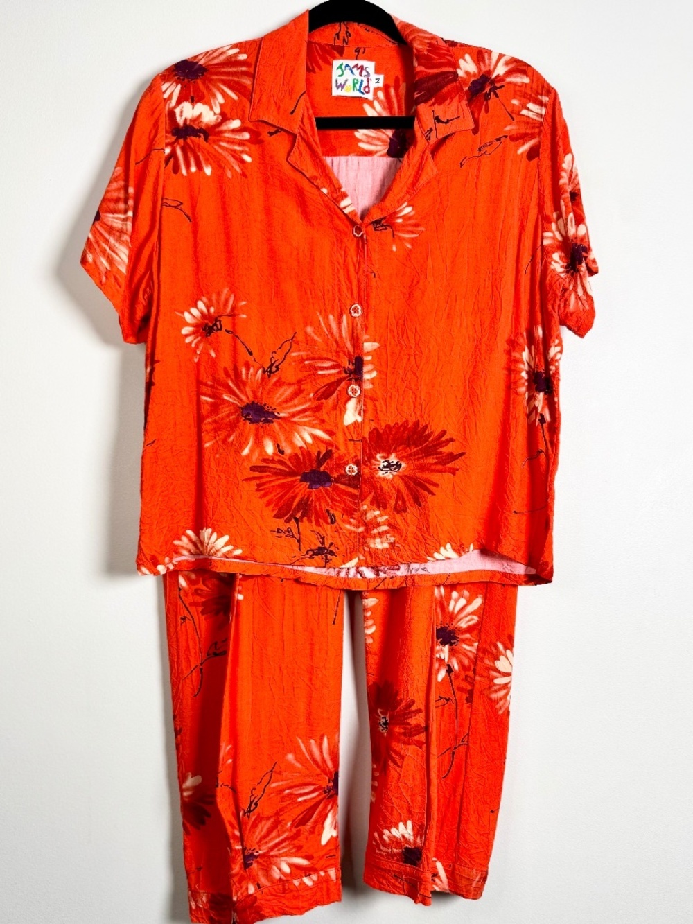 VTG Jams World Red Daisy Rayon Matching Set Tropical Floral Camp Hawaii Sz S/M